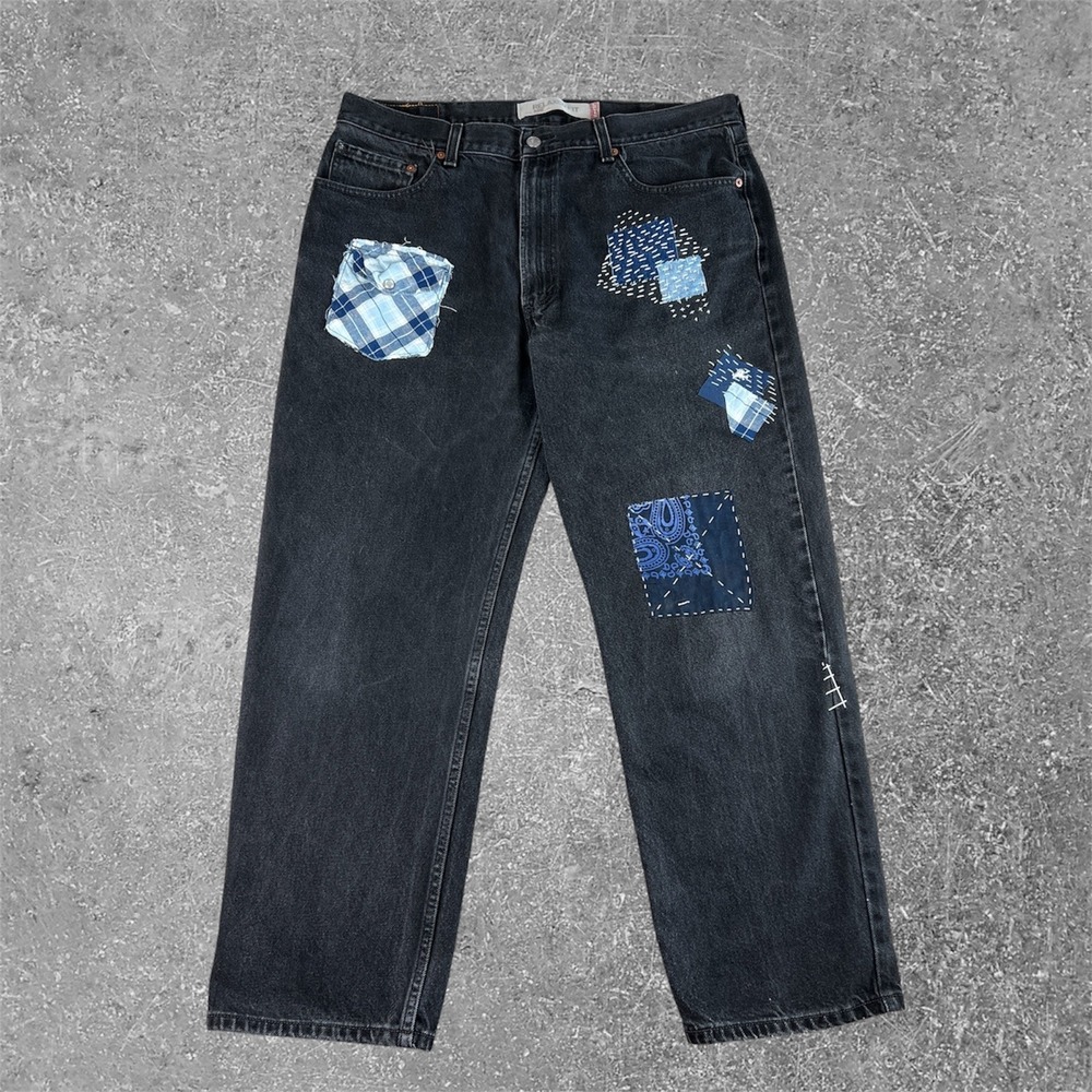 Levi's 550 Relaxed Fit Mens 38x30 Black Custom Patchwork Sashiko Denim Jeans